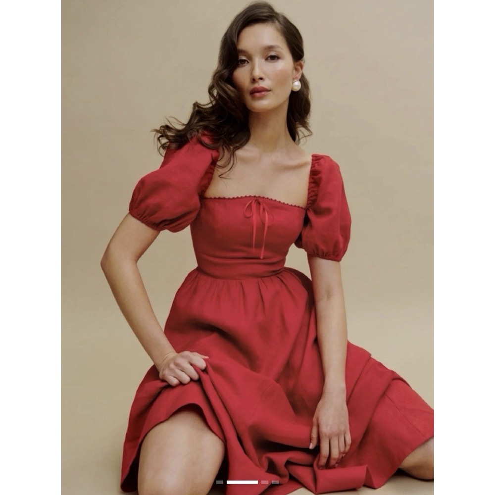 Reformation Marella Linen Dress Womens Size 2 100% Linen Puff Sleeve Cherry Red
